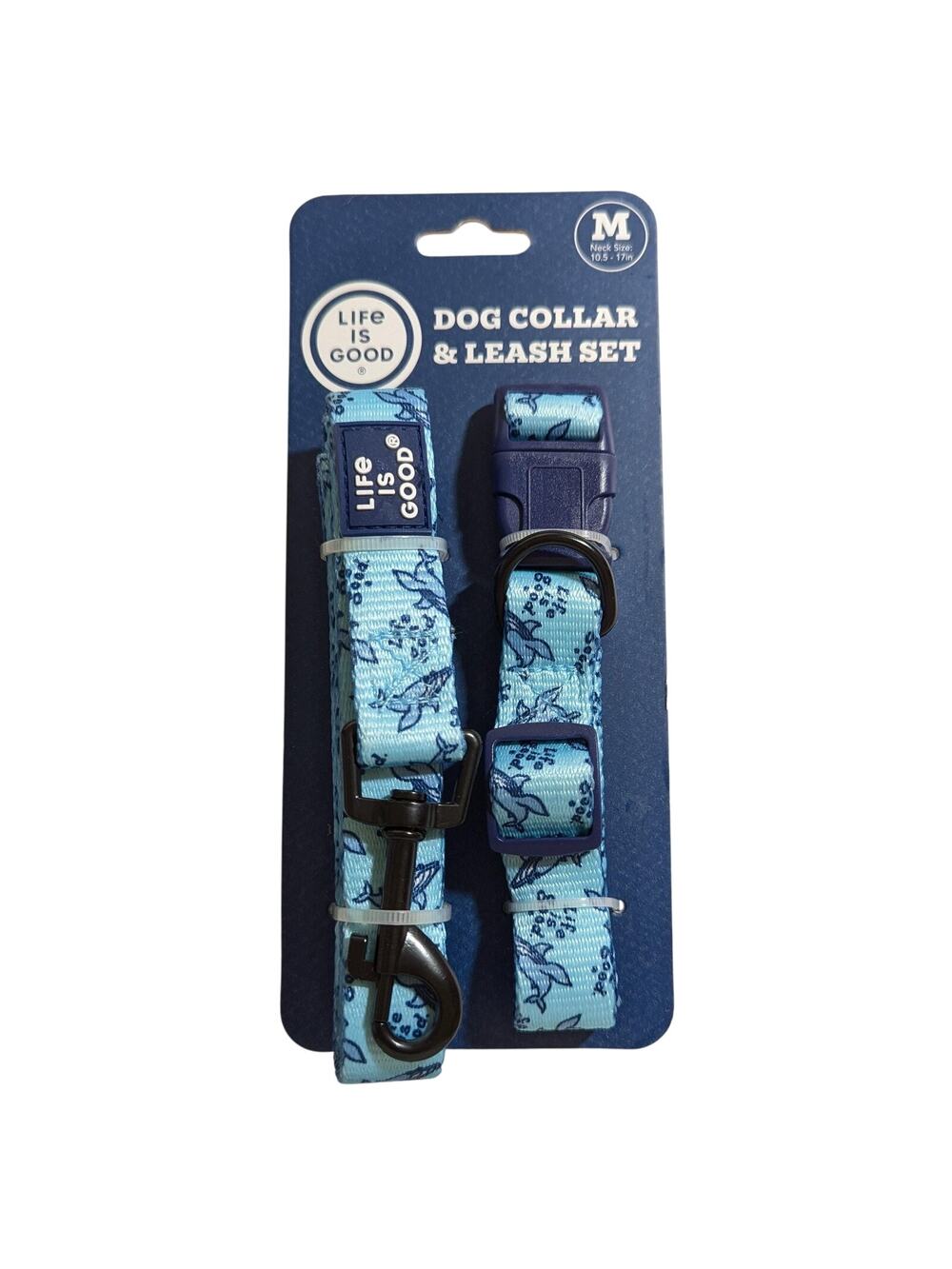 Life Is Good Dog Collar Leash Set Medium 10.5-17 in Adjustable Blue Whale Nylon